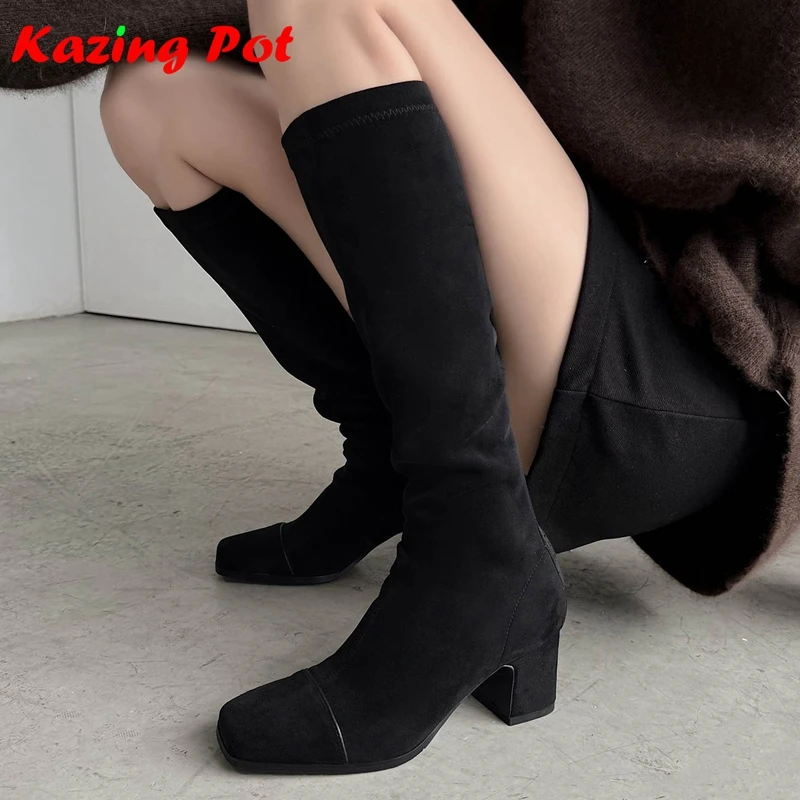 

Flock Fashion Square Toe Thick High Heels Fashion Boots Warm Autumn Winter Shoes Luxury Brand Solid Color Women Knee-high Boots