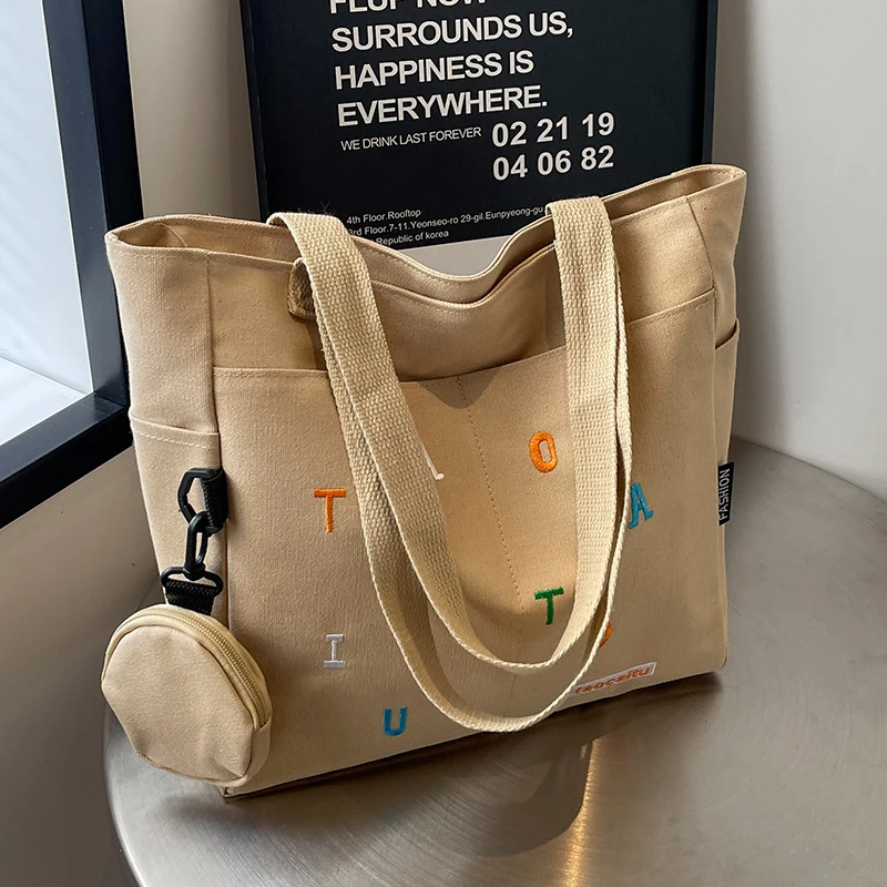 

Kawaii Khaki Canvas Tote Bag Color Embroidered Alphabet Large Shoulder Bag Detachable Mini Coin Purse Multi Pocket Student Schoo