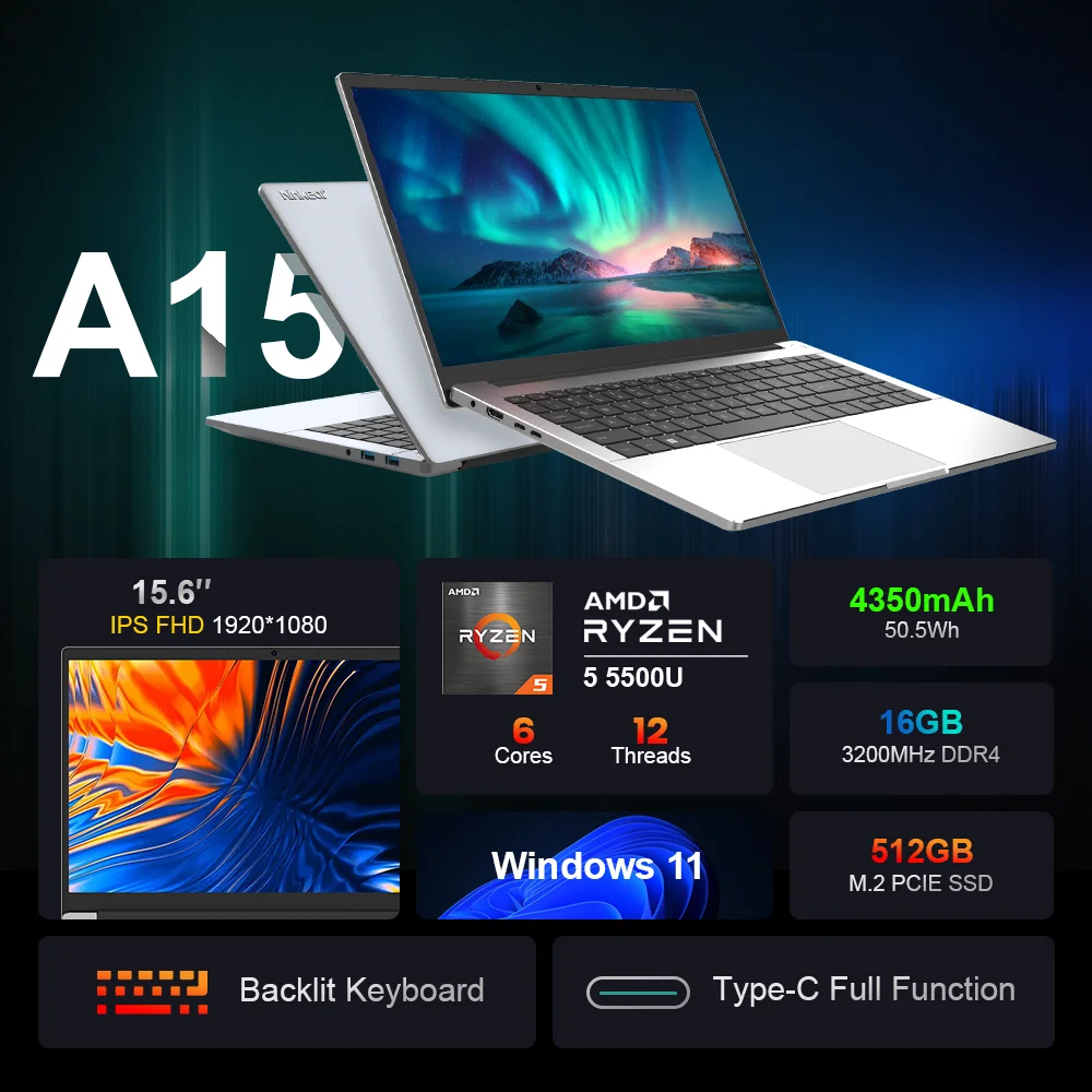 Ninkear A15 Laptop 15.6 Inch FHD Display AMD Ryzen™ 5 5500U 6 Cores 16GB DDR4+512GB SSD Computer Notebook Windows 11 Wifi 6