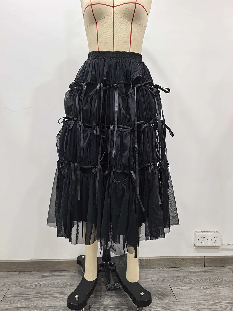 TWOTWINSTYLE Loose Spliced Bowknot Fashion Skirts for Women High Waist Patchwork Shirring Long Skirt Female Autumn Clothing New