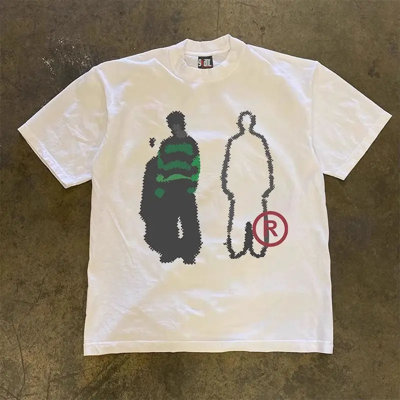 

Fashionable Ins American Heavyweight Design Sense Two Handed Pocket Printed T-shirt Men Women Pure Cotton Y2k Short-sleeved Top