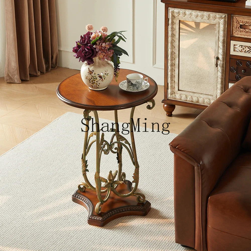 طاولة قهوة صغيرة من الخشب CL، طاولة بحافة مستديرة معدنية، شرفة قهوة، طاولة مستديرة صغيرة