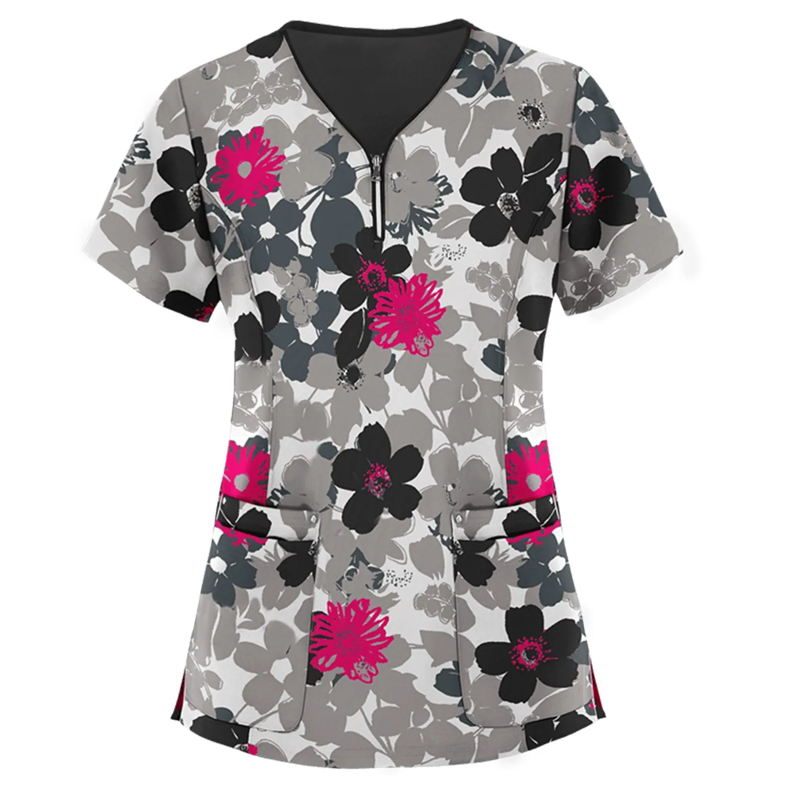 Scrubs Tops Surgical Uniform Women Floral Print V Neck Short Sleeve Tunic Medical Nursing Care Workers Nurse Uniforms Blouse