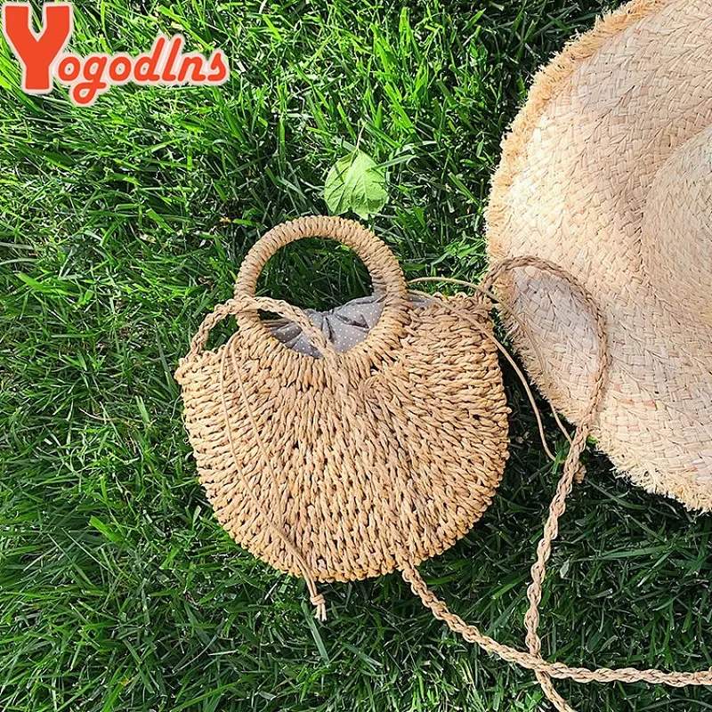 Yogodlns borsa di paglia intrecciata in Rattan semicircolare fatta a mano borse a tracolla Messenger da donna estive borsa da spiaggia piccola per