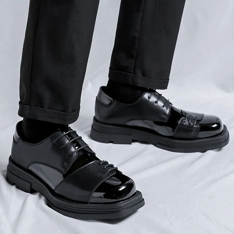 Men's leather shoes 2026 British business formal Korean version square toe splicing casual trend youth studio suit shoes
