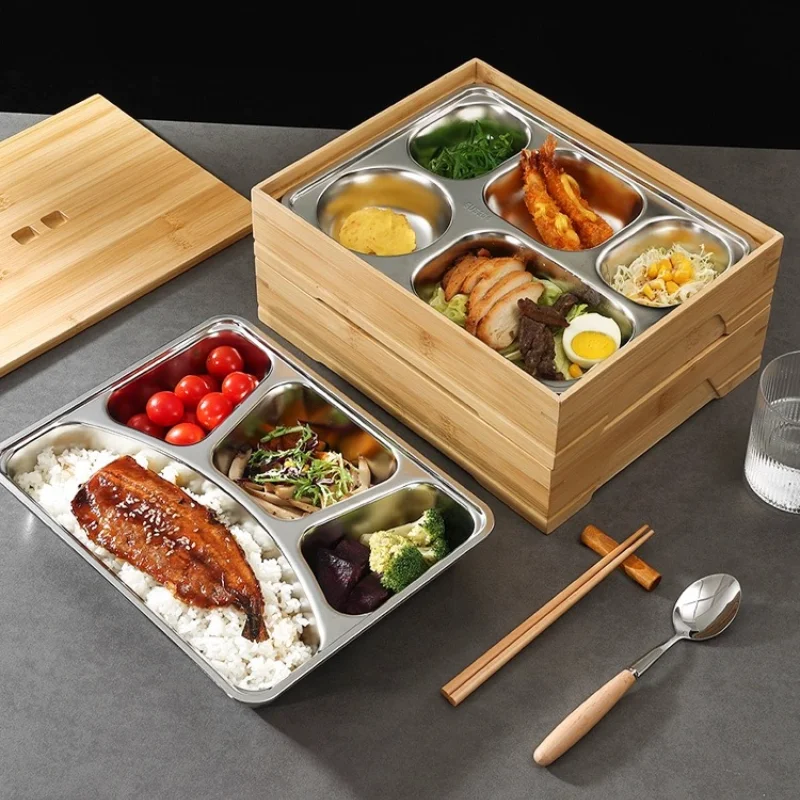 Japanese Style Bamboo Bento Box, High-end 304 Inner Container Lunch Box, Hotel Partition Plate, Commercial Lunch Box