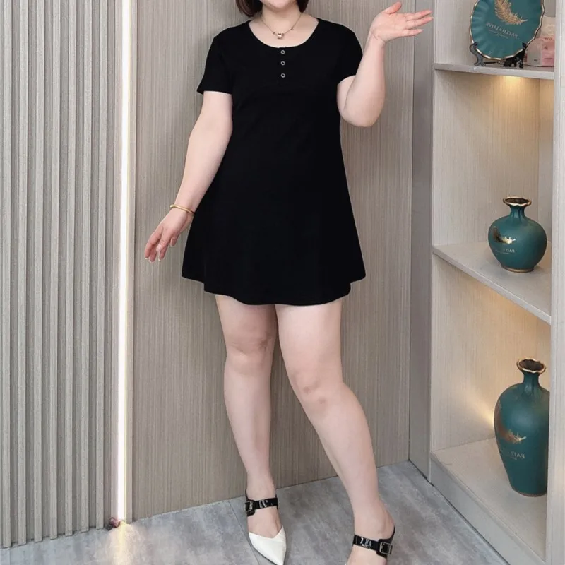 Little Black A-line Dress for Women, Casual Short Sleeve, Slim Mini Dress, Plus Size, Summer, 2024