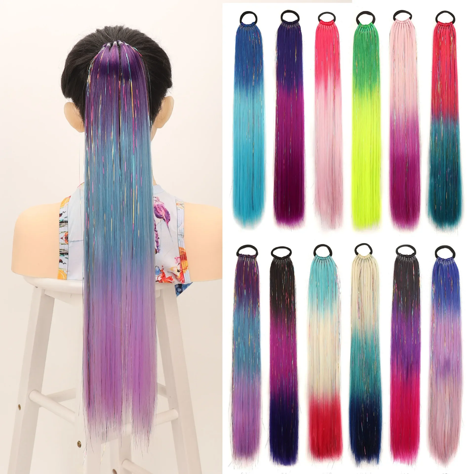 Jsaluting-Extensions de Cheveux Queue de Cheval Gradient, Tinsel Hair, Y2K Shiny Hair, DIY Ponytail with Hair Tinsel Braids, Rainbow Ha, 24 Pouces