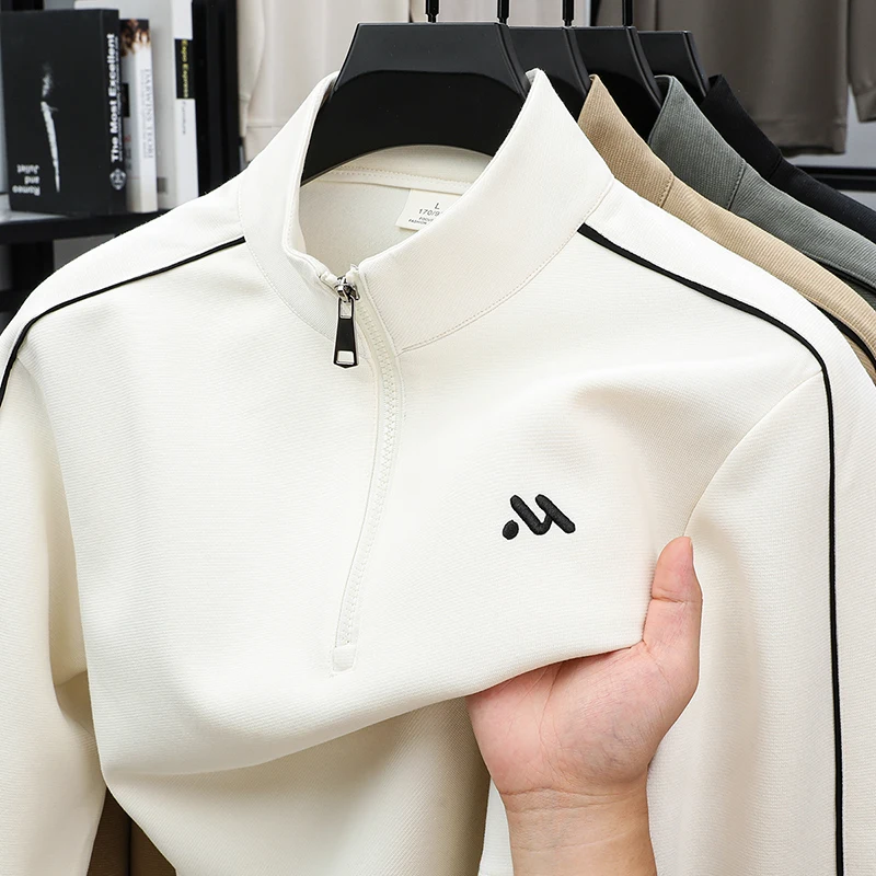 Spring and Autumn Long Sleeved T-shirt Men's Embroidered Simple Versatile Sweatshirts Casual Half Zipper Hoodie Men Clothing