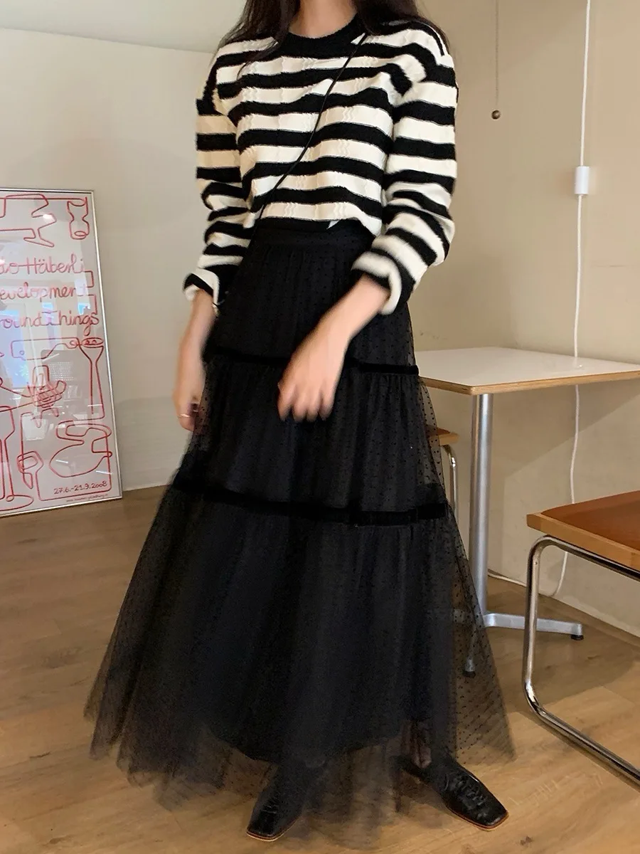 High Waist Cake Skirt Half-length Women's Gauze Polka Dot A-Line Long Skirt Elegant Splicing Layered Big Flounce Skirt