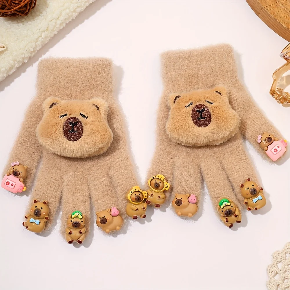 Niedliche Bären-Dekor-Strickhandschuhe, fingerlose Handschuhe mit flauschigem Bären-Patch, warme Winterhandschuhe für Frauen und Mädchen, Kawaii-Modeaccessoire