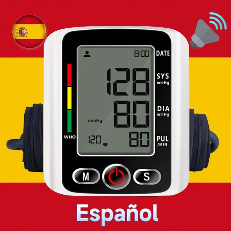 Monitor de Presión Arterial de Brazo con LED, Transmisión de Voz en Ruso / Árabe / Español / Portugués, Tonometer, Monitor de Presión Arterial, Esfigmomanómetro