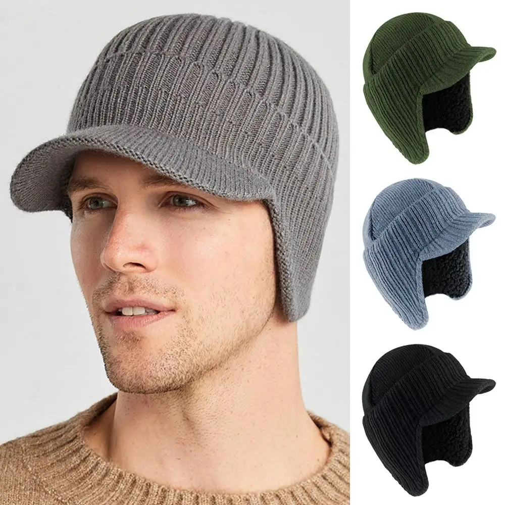 Mens Peaked Knit Hat Winter Warm Fleece Lined Cap Beanie Hat Ear Flaps Work Outdoor Plush Bomber Hats