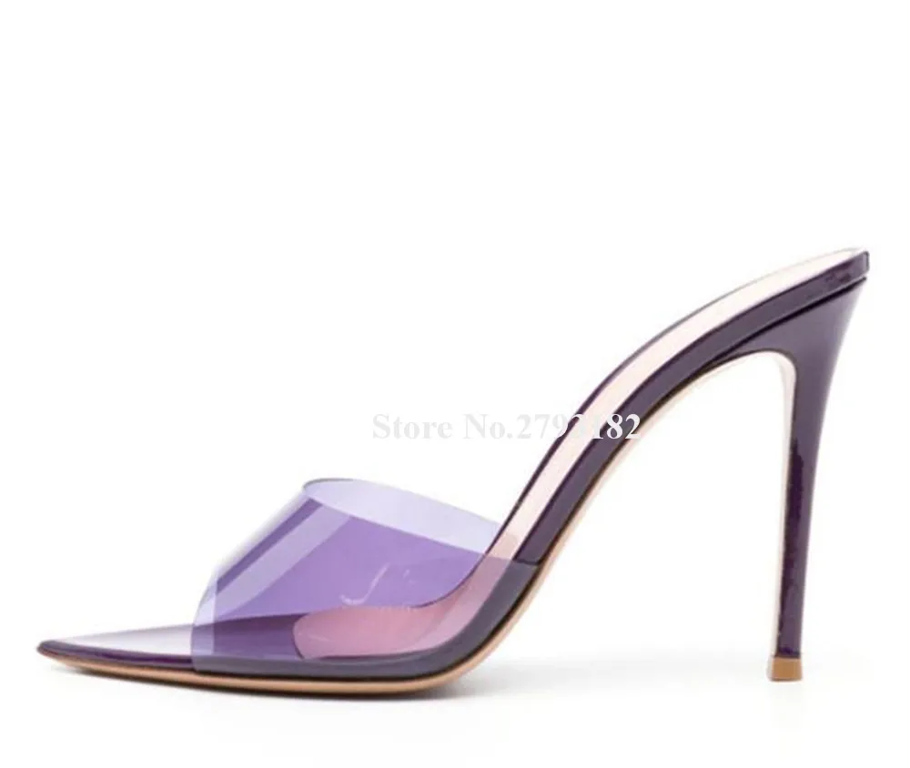 

Sexy Clear PVC Patchwork Thin Heel Slippers Pointed Open Toe Purple Blue Transparent Stiletto Heel Slip-on Sandals