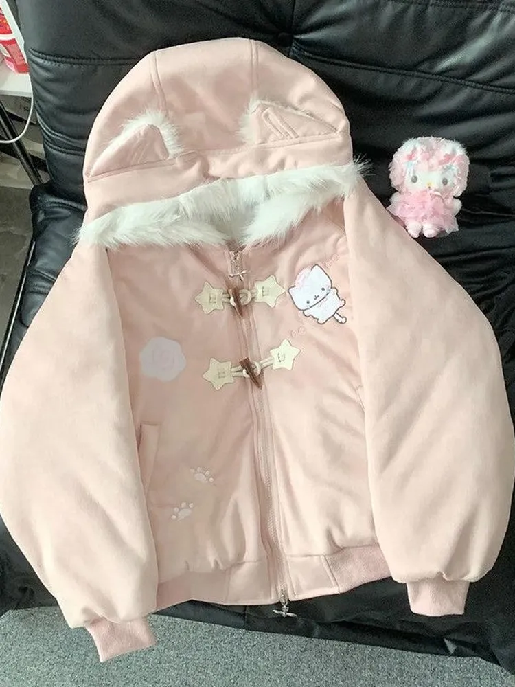 

Милый розовый пуховик для женщин: теплый зимний хлопковый пуховик свободного кроя с длинным рукавом и воротником для повседневной носки