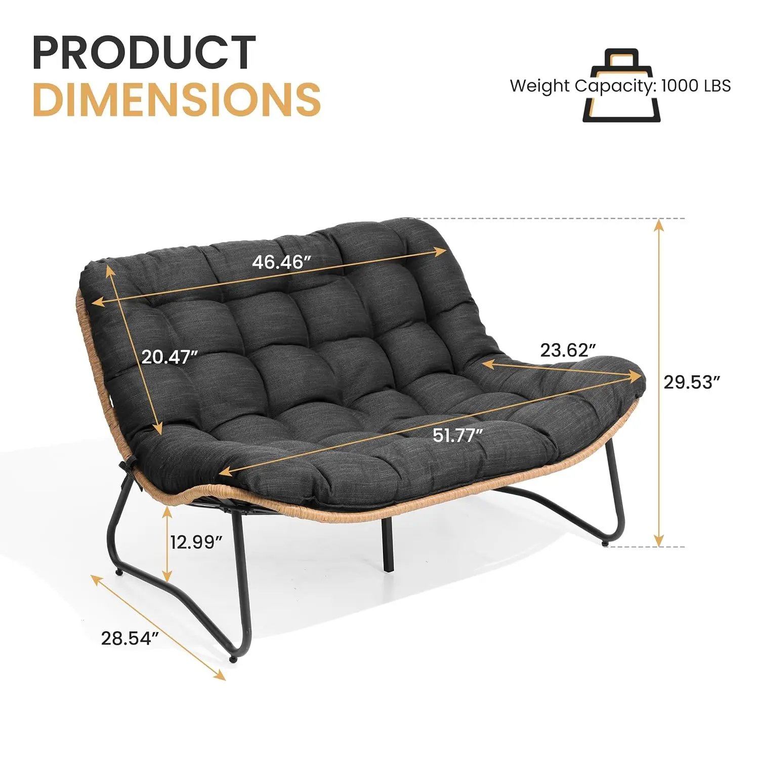 All-Weather PE Wicker Loveseat 3PCS Outdoor Sofa With Soft Cushion For Deck Balcony Poolside Backyard, Customized