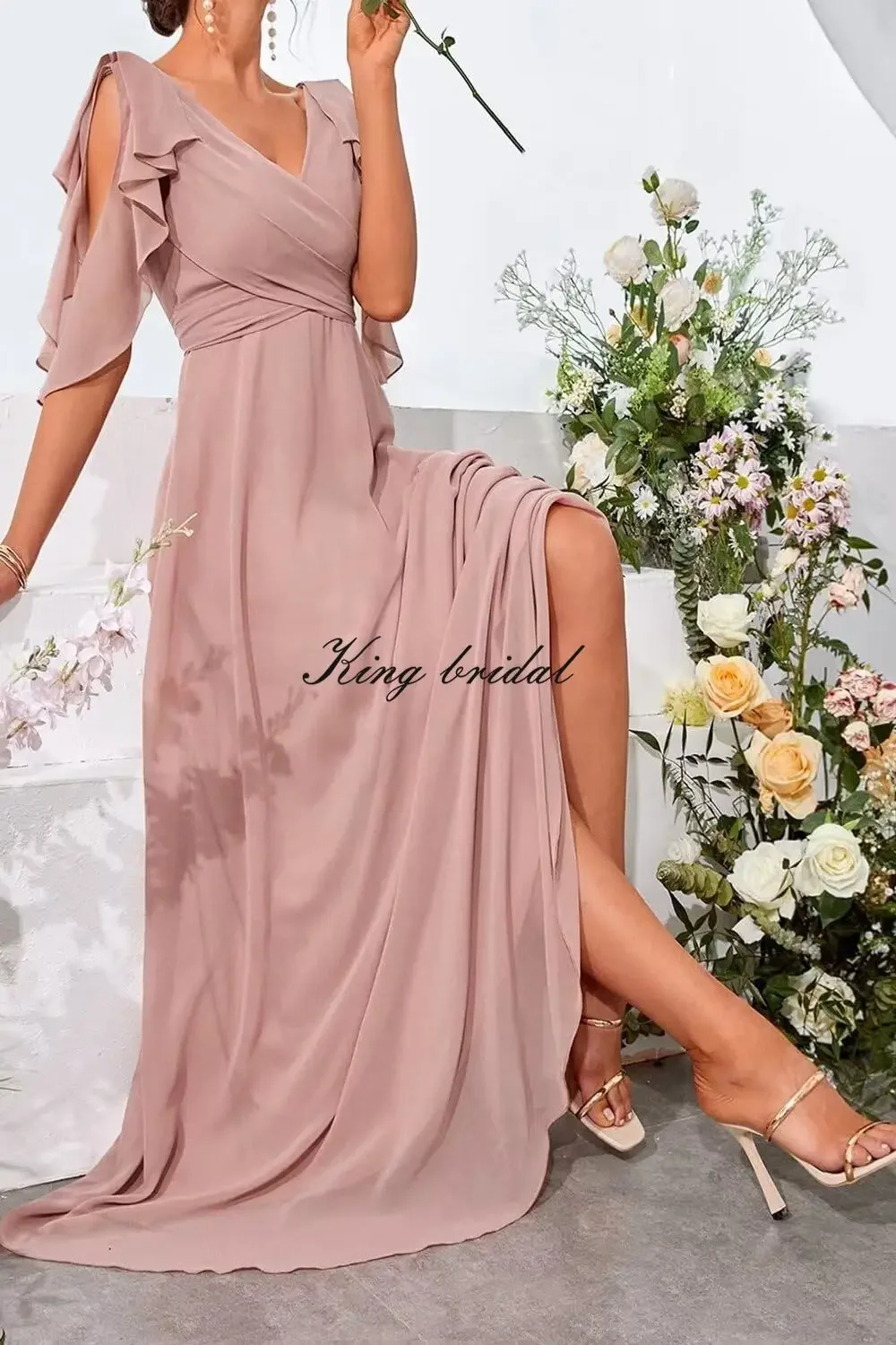 Abito da ballo plissettato con scollo a V, abito da sera formale, abiti per invitati al matrimonio, semplici abiti da damigella d'onore per le donne con maniche fredde