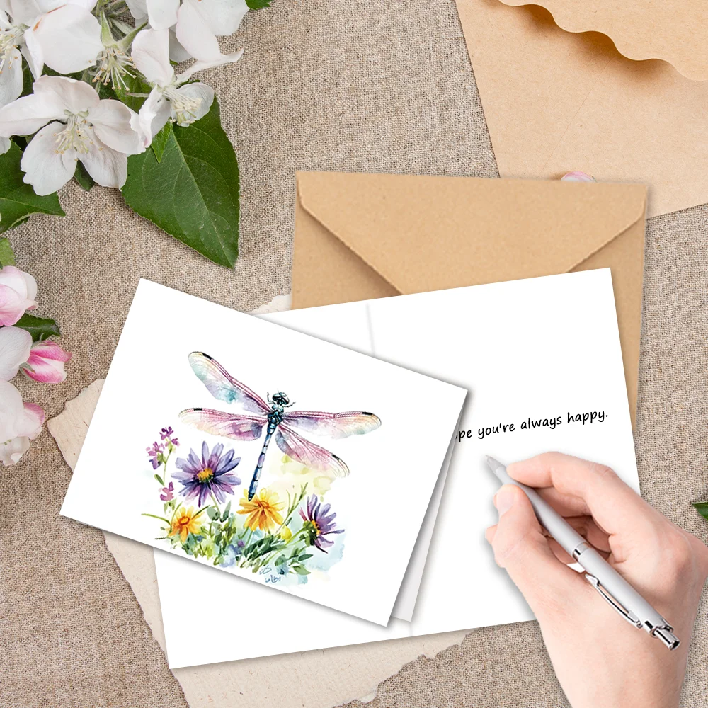 24-teiliges Grußkarten-Set mit Aquarell-Illustrationen, Umschlägen, Libellen- und Blumenmotiv, DIY-Einladungskarten, multifunktionaler Spaß – Detail 1