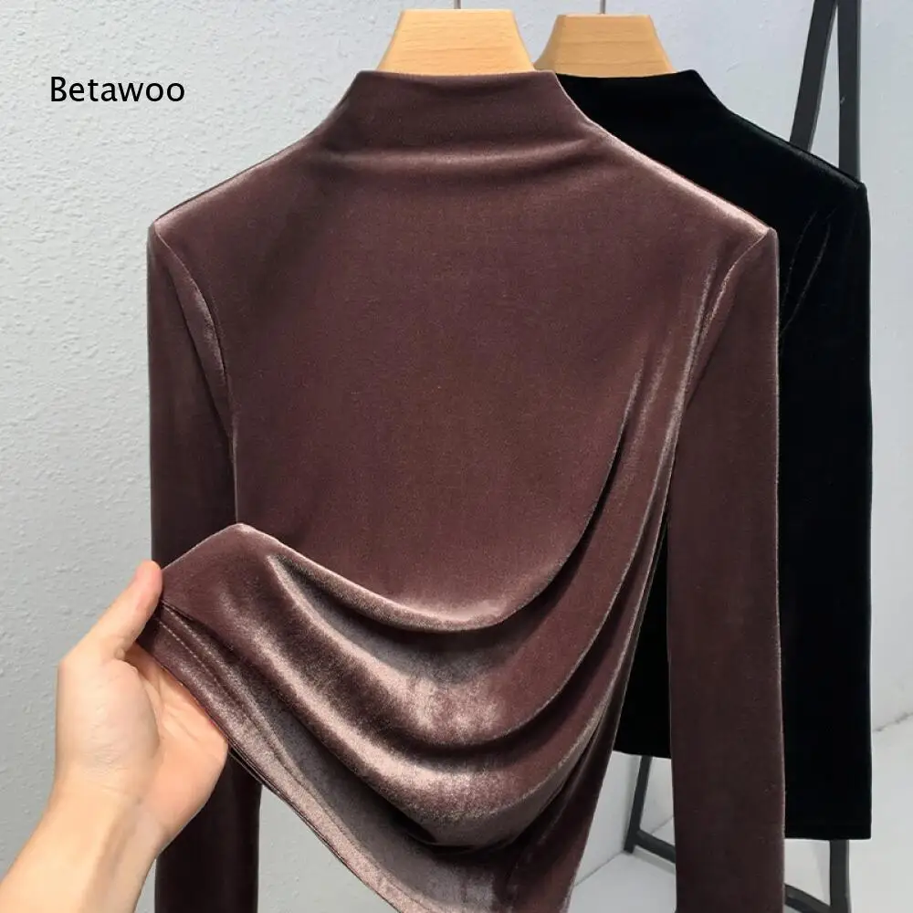 Elegant Close Fitting Velvet Layering Top Half High Neck Long Sleeve Back Twisted Ruched Solid Color Basic Shirt