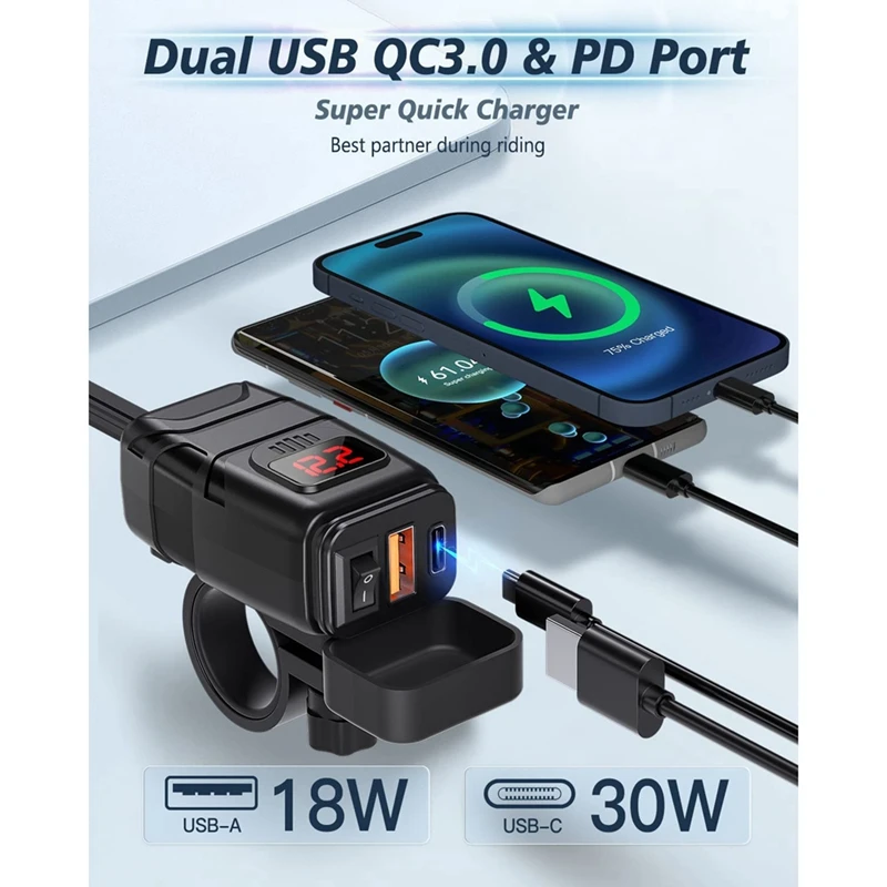 Pengisi daya PD Tipe C USB ganda, pengisi daya 3.0 dengan Voltmeter & ON/Off