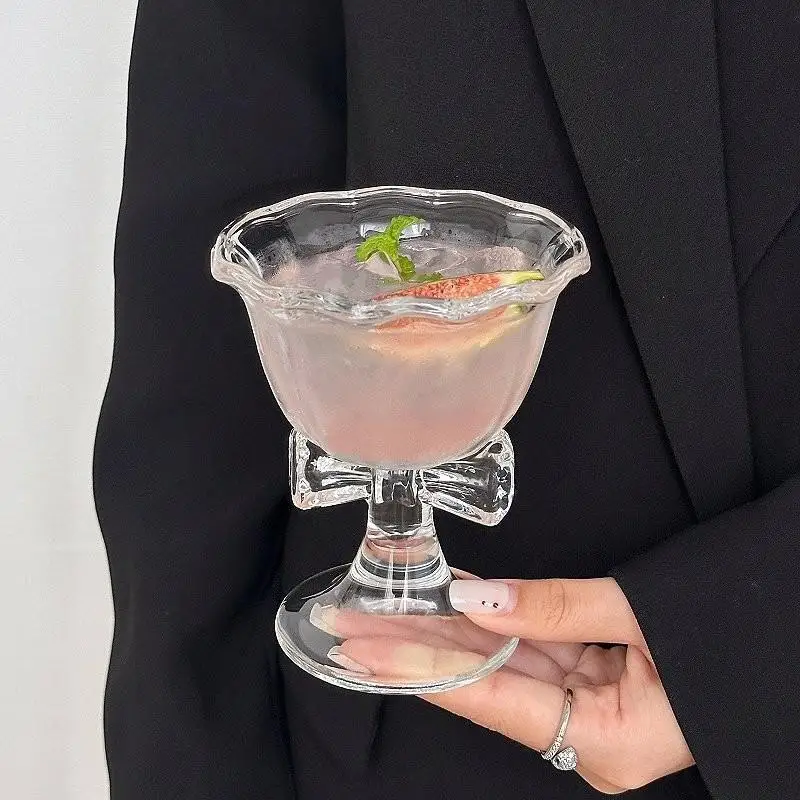 New Bow Glass Cute Water Cup Cartoon Bow Glass Cup Striped Cute Doodle Coffee Mug Household Fruit Tea Lemonade Girls Gift - view 3