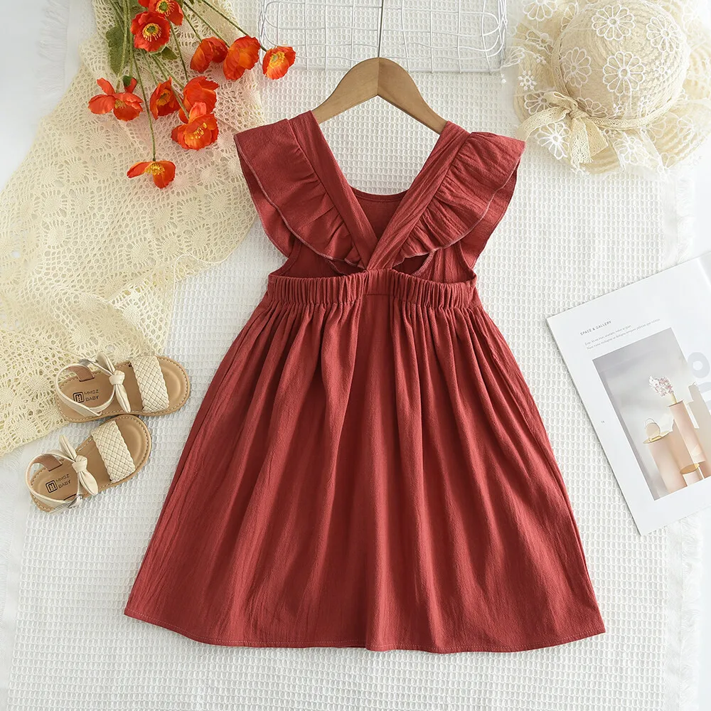 Summer Promotion Red 2-year-old Baby Girl Casual Round Neck Flying Sleeve Dress for Daily Wear