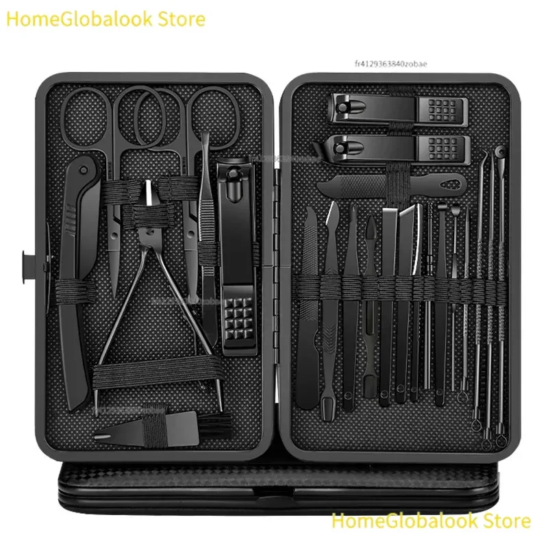 Set professionale per manicure e pedicure in acciaio inossidabile nero, con tagliaunghie, strumenti per la rimozione delle cuticole e altri accessori per la cura delle unghie, custodia rigida e