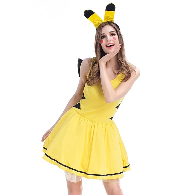 Halloween Adult Woman Cute Yellow Dress with Headband Cosplay Costume Pokenmon Dress Halloween Costumes for Women