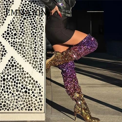 Women Sequins Gradient Color Long Boot Sexy Pointed Toe Thigh High Stiletto Boots Female Bling Banquet Party Over The Knee Boots