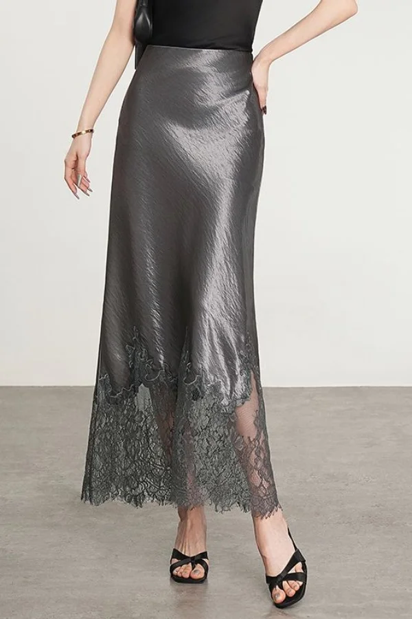 

2025 Summer Satin Skirt for Women High Waist Slim Fit Lace Patchwork Bodycon Skirt Elegant Versatile Pencil Skirt for Ladies
