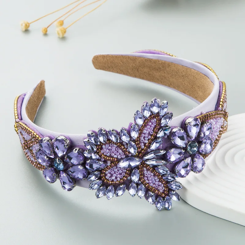 Purple Rhinestones Headband for Women Party Headpiece Super Shiny Hairband Crystals Ladies Headdress Wide Crystals Head Hoop