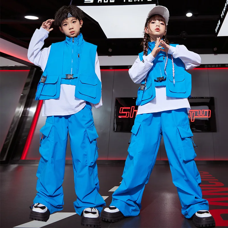 Kid Hip Hop Clothing Blue Sleeveless Jacket Vest Top Casual Pockets Ruched Cargo Pants for Girl Boy Jazz Dance Costume Clothes