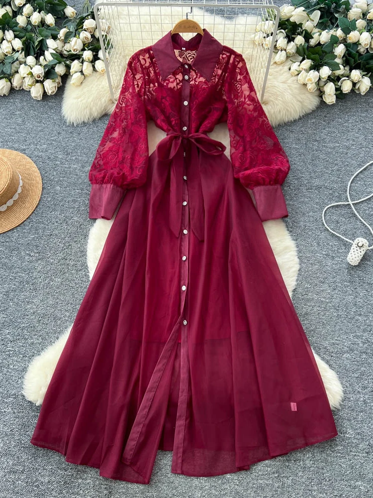 

Ele High-End Women's Lace Long Sve Dr Autumn Faionable Me Waist Cinching Skirt Sle Ci Commute Suitable