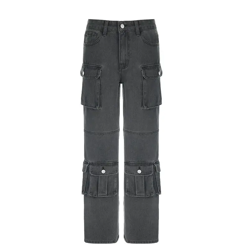 Jean Taille Haute à Poches Multiples pour Femme, Pantalon Droit Décontracté, Style Rétro Hip Hop, Couleur Unie, Nouvelle Collection, Y2K