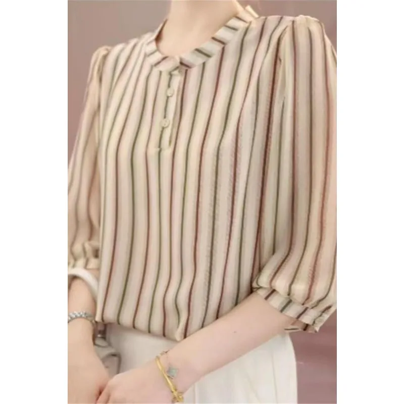 

Модная элегантная полосатая рубашка с круглым вырезом, женская повседневная рубашка с принтом, универсальный свободный пуловер на пуговицах, топ
