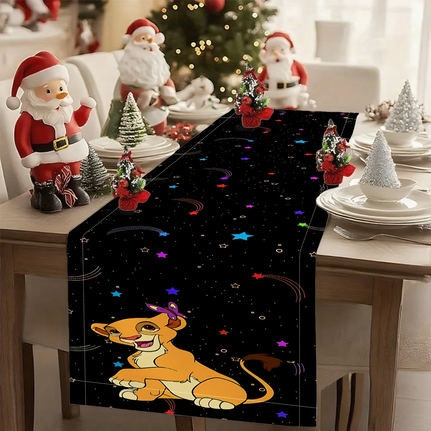 قطعة واحدة من مفرش طاولة بطابع الأسد كينج سيمبا، خلفية سوداء مع سماء مرصعة بالنجوم وسيبا الصغيرة، مناسبة لغرف الأطفال، وحفلات ديزني، إلخ