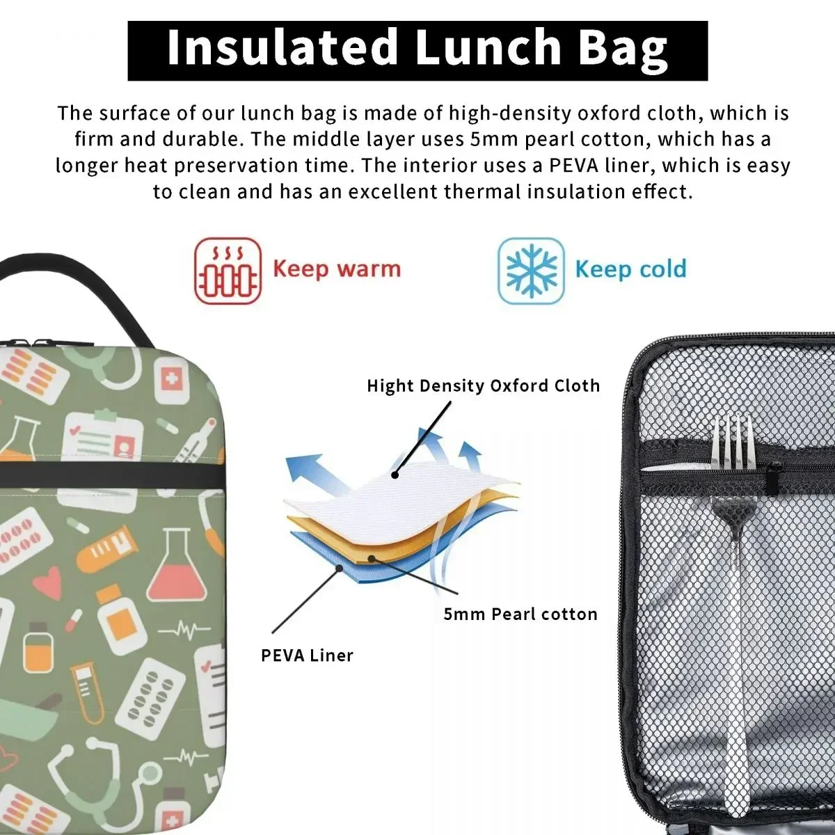 Nurse Healthcare Pattern Merch Insulated Lunch Tote Bag For School Office Food Storage Bag Portable Thermal Cooler Lunch Box - view 5