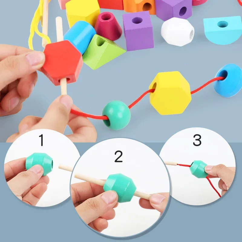 Wooden Montessori Toys Color Shape Matching String Puzzle Game Colorful Beads Cognition Educational Beaded Toy Gift For Children