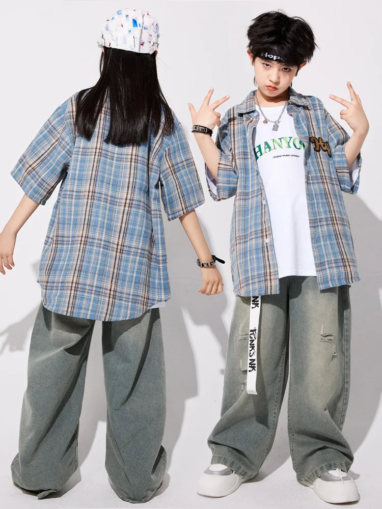 Stroje Hip Hopowe Japońska Krata Koszula Vintage Podarte Jeansy Dziewczęce Zestawy do Tańca Ulicznego K-pop Chłopięca Odzież Streetwear Kostiumy Jazzowe dla Dzieci