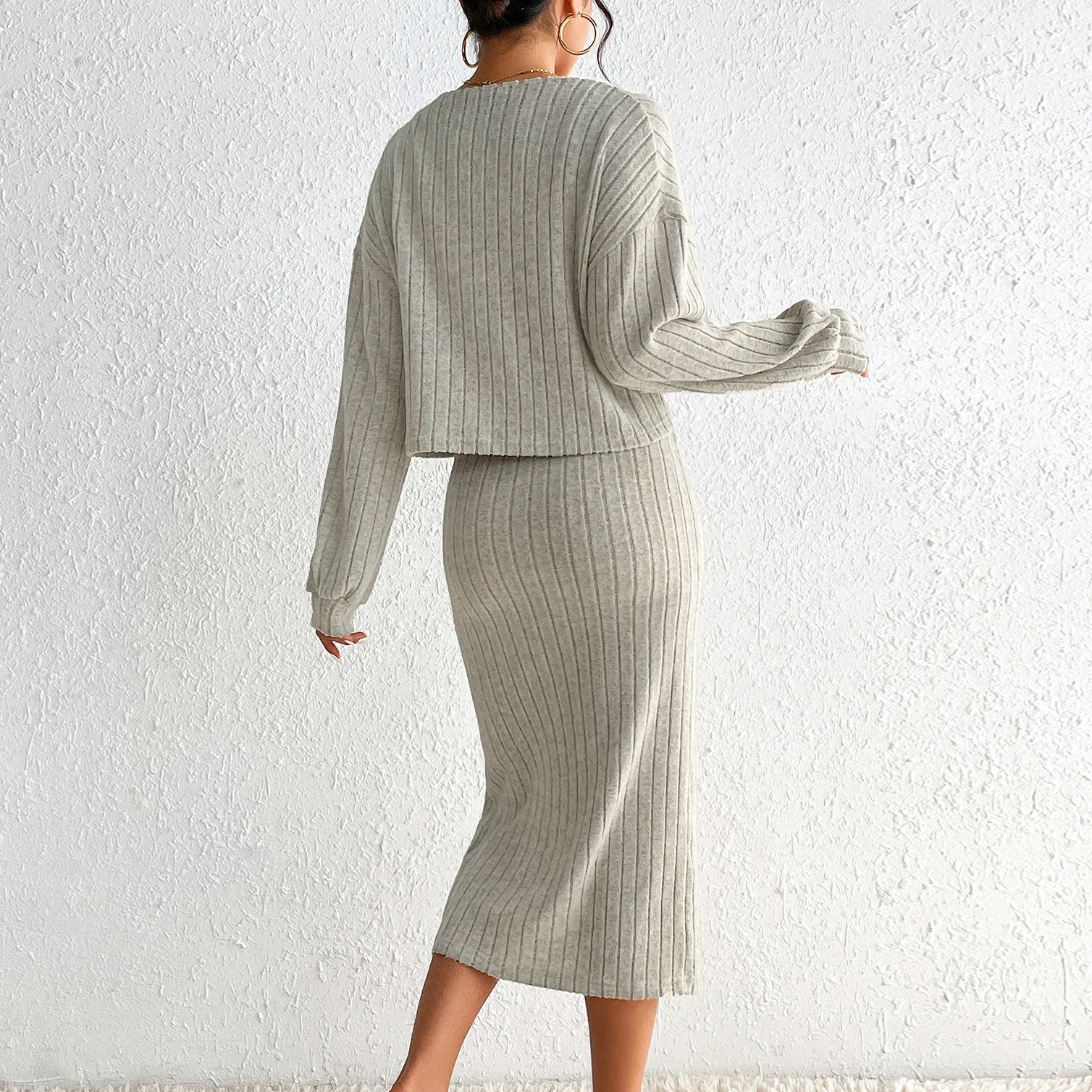 Autumn Long Sleeve Knit Sweater Two Piece Sets Womens Outifits Knit Jacket and Sexy Long Dress Set Womans Clothes Matching Sets