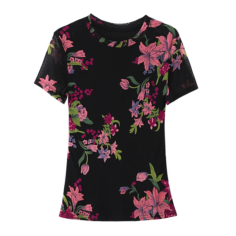 High Stretch Floral Mesh T Shirts Women Short Sleeve O Neck Elegant Fairy Printing Tops Tees Female Basic Simple T-Shirt