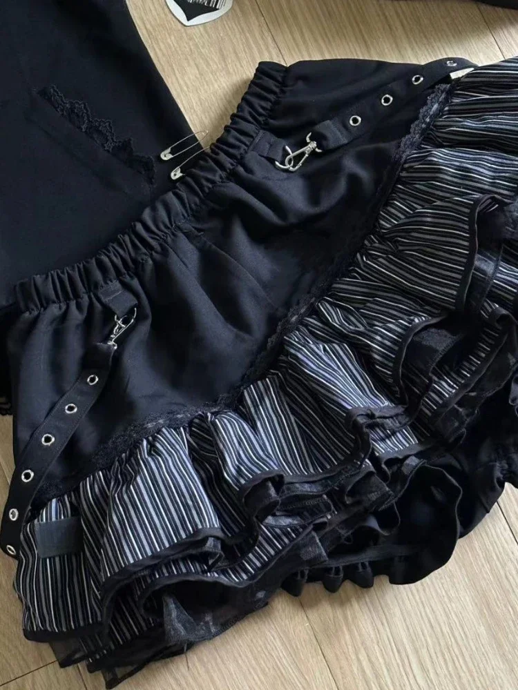 하라주쿠 걸스 스트라이프 펑크 그런지 스커트 여성 Y2k 미적 하이 웨스트 케이크 미니 스트리트웨어 레이스 빈티지 카와이 미니 Jupe