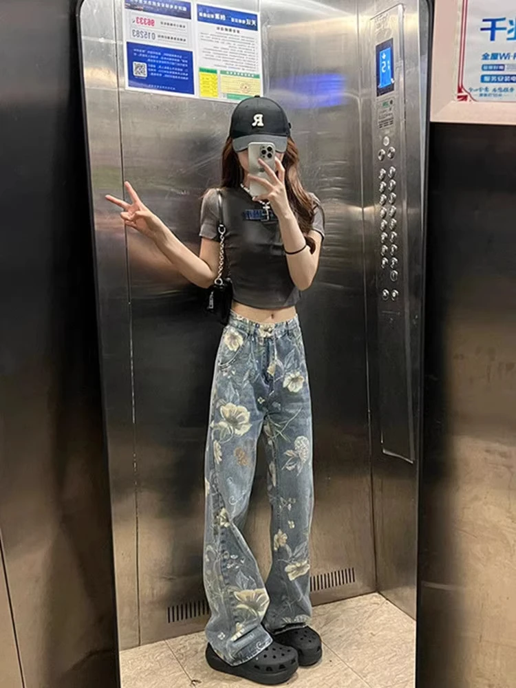 

American Style Vintage High Waist Wide Leg Jeans Women's Spring Autumn New Loose Slimming Straight Floor-Length Pants
