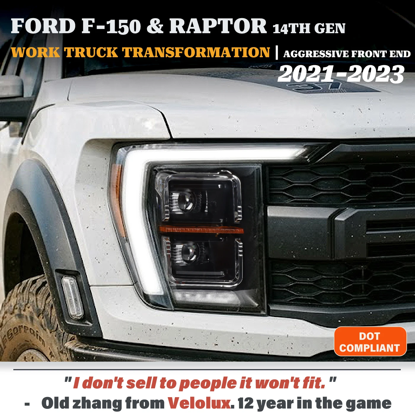 

For Ford F150 Raptor 14th Gen 2021 2022 2023 Headlight Assembly w/ Bi-LED Projector Transformation Aggressive Front Look
