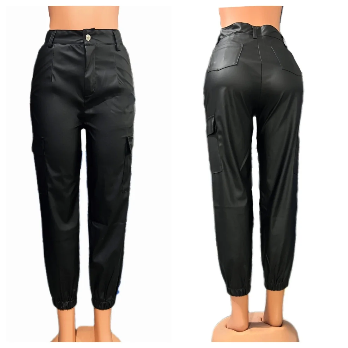 Women's Cargo Pants Fashion Street Trends Pocket Design Cuffed Y2k Tight PU Leather Trousers Autumn High Waist Pant Female