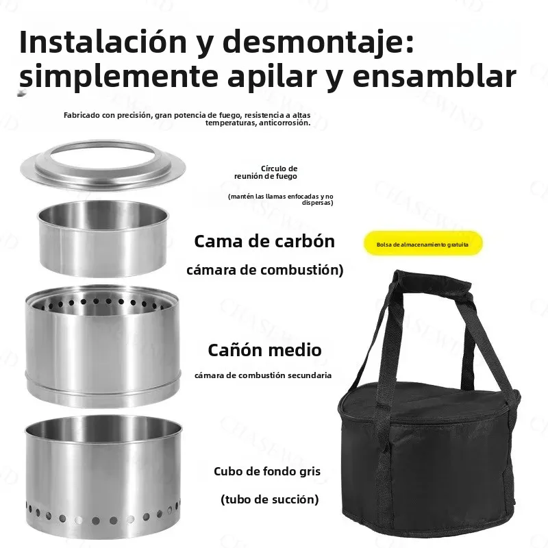 Estufa de leña portátil, plegable, de acero inoxidable, para uso en exteriores, resistente a altas temperaturas, indeformable, ideal para acampar, hacer picnics y cocinar a la parrilla.