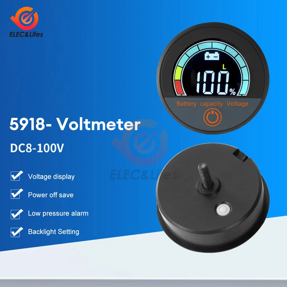 DC 8-100V LED Digital Car DC Voltmeter Lead Acid Lithium Battery Voltage Monitor Waterproof Voltmeter Battery Tester Round Panel