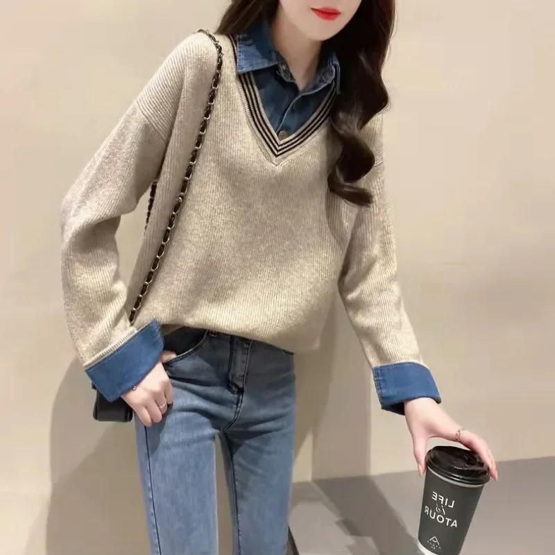 

Stitching Denim Shirt Collar Fake Two-piece Sweater Women's 2024 Spring New Loose Pullover Sweater Long-sleeved Women