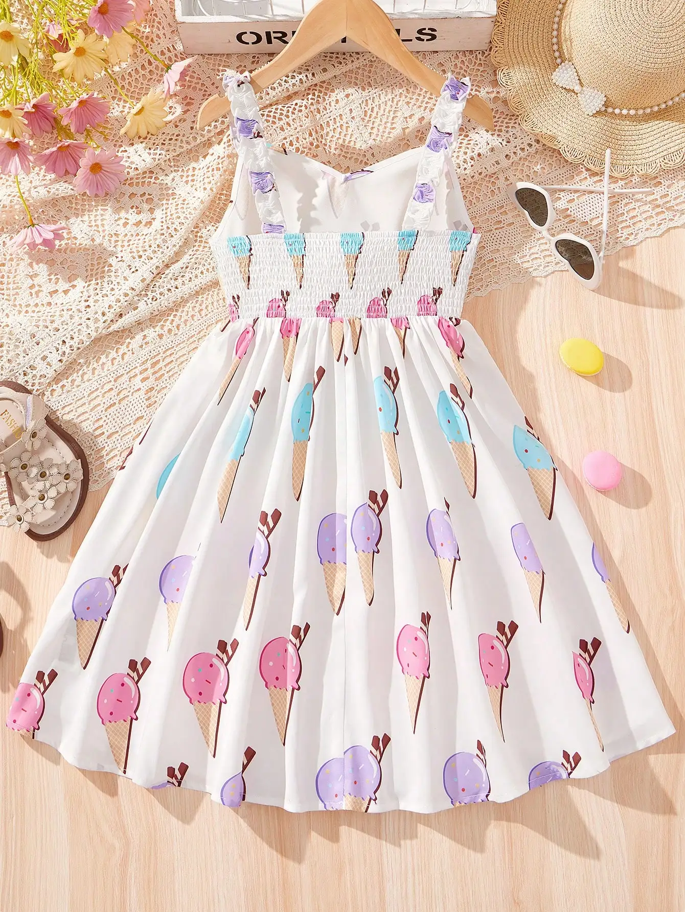 Girls Summer 7-14 Years Old Spaghetti Strap Smocked Ice Cream Cone Print Dress for Daily School Beach Casual Kids Lovely