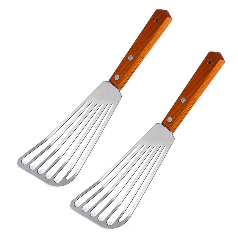 

2X Stainless Steel Fish Spatula Turner, Wood Handle Fish Spatula, Slotted Turner, Kitchen Spatula For Flipping Frying